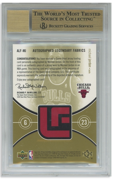 Michael Jordan Signed 2004 Legendary Fabrics Card by SG -- Limited Edition #77 of 100 -- Beckett Graded 9.5 for Card & 10 for Autograph -- With Game-Worn Chicago Bulls Patch